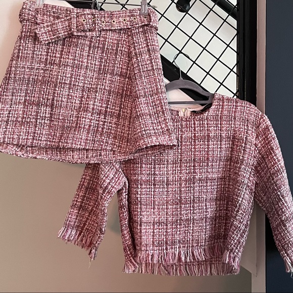 Zara Dresses & Skirts - SEXY PREPPY ZARA Pink Tweed with BELTED Mini Skirt and Matching 3/4 Sleeve Top